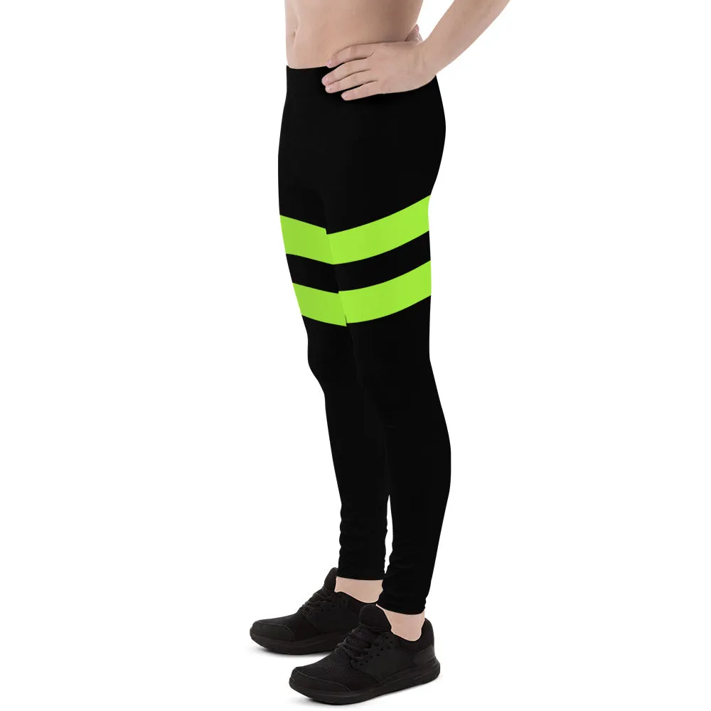 Green Striped Best Men's Leggings, Striped Bright Black and Green Colors Men's Leggings, Colorful Black Green Stripes Gym Tights For Men - Made in USA/EU/MX