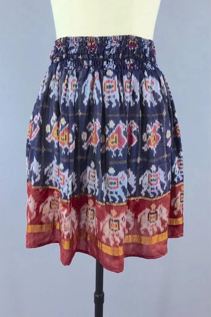 Indian Sari Skirt - Blue Elephant & Bird Print