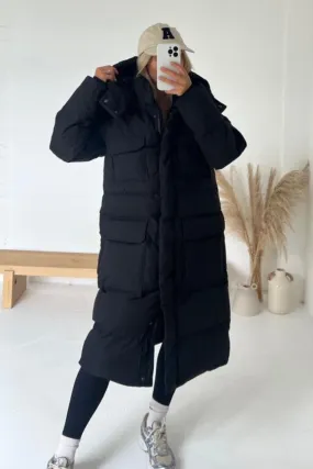 Katie black long puffer coat with pockets