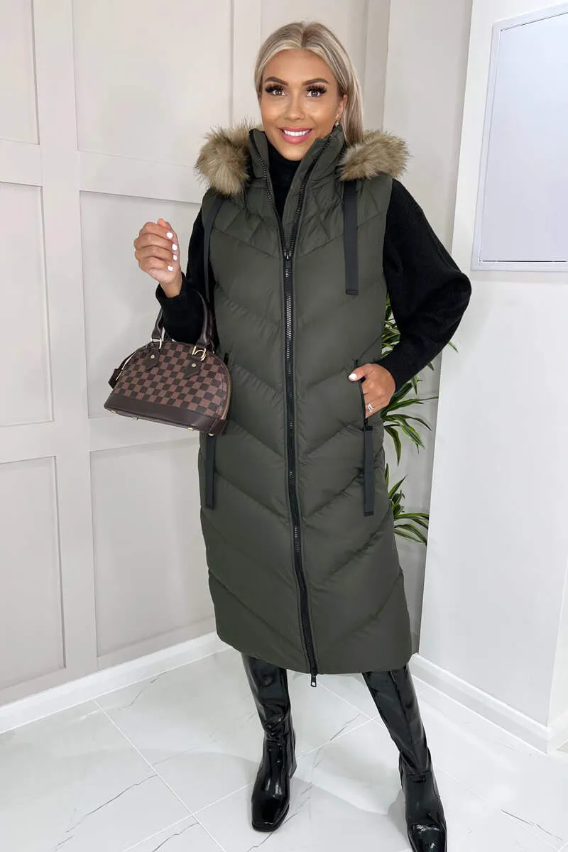 Khaki Longline Faux Fur Hooded Gilet