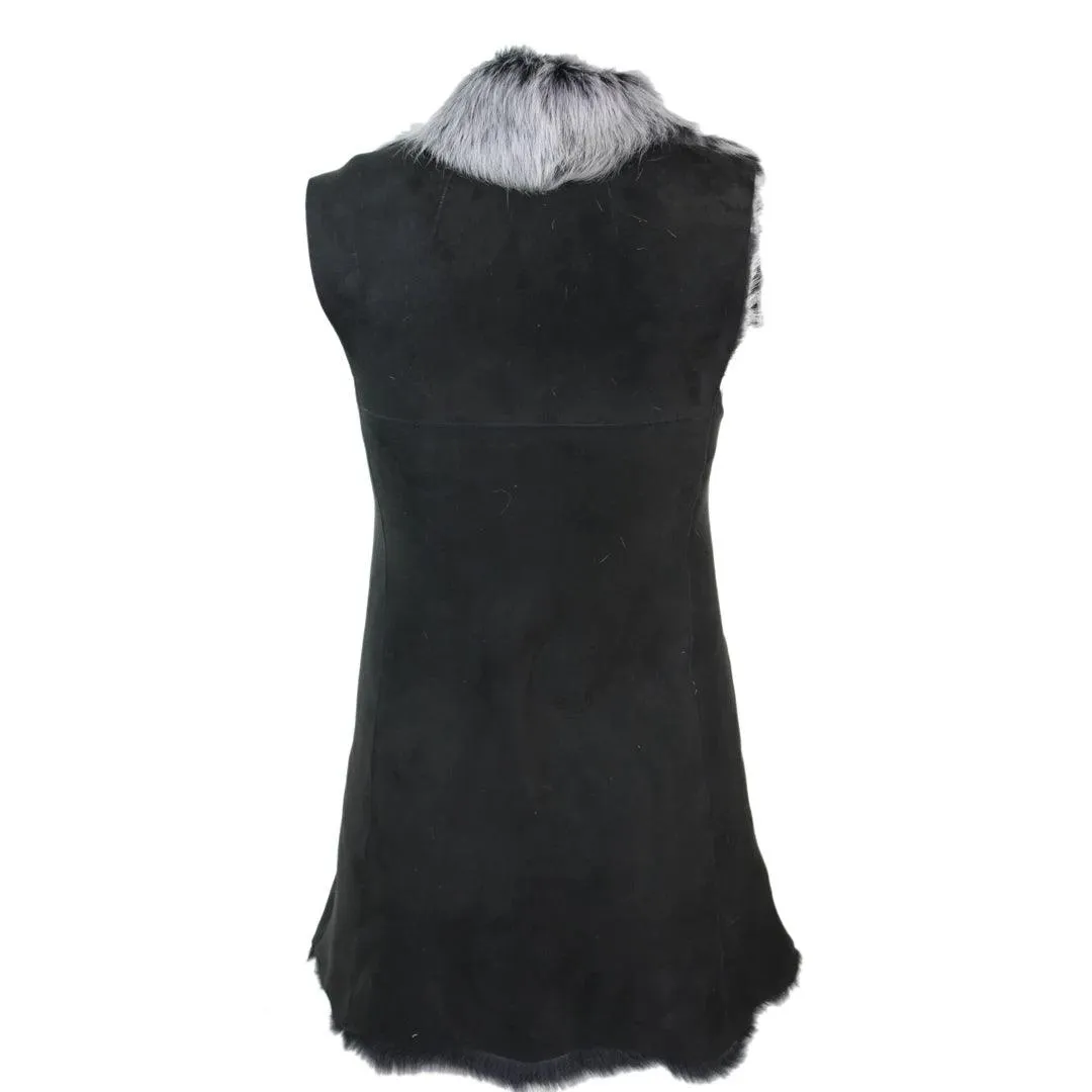 Ladies Women Real Spanish Toscana Shearling Sheepskin Black Grey Leather Waistcoat Gilet