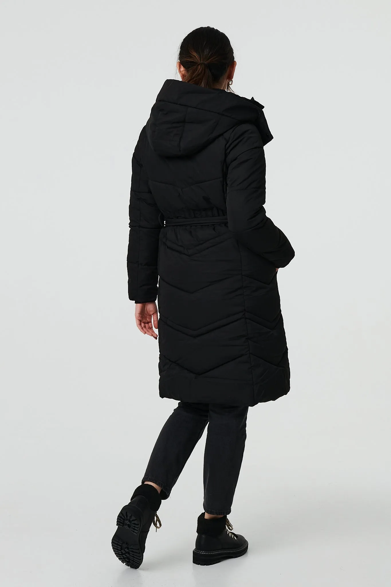 Longline Padded Tie Waist Hooded Coat