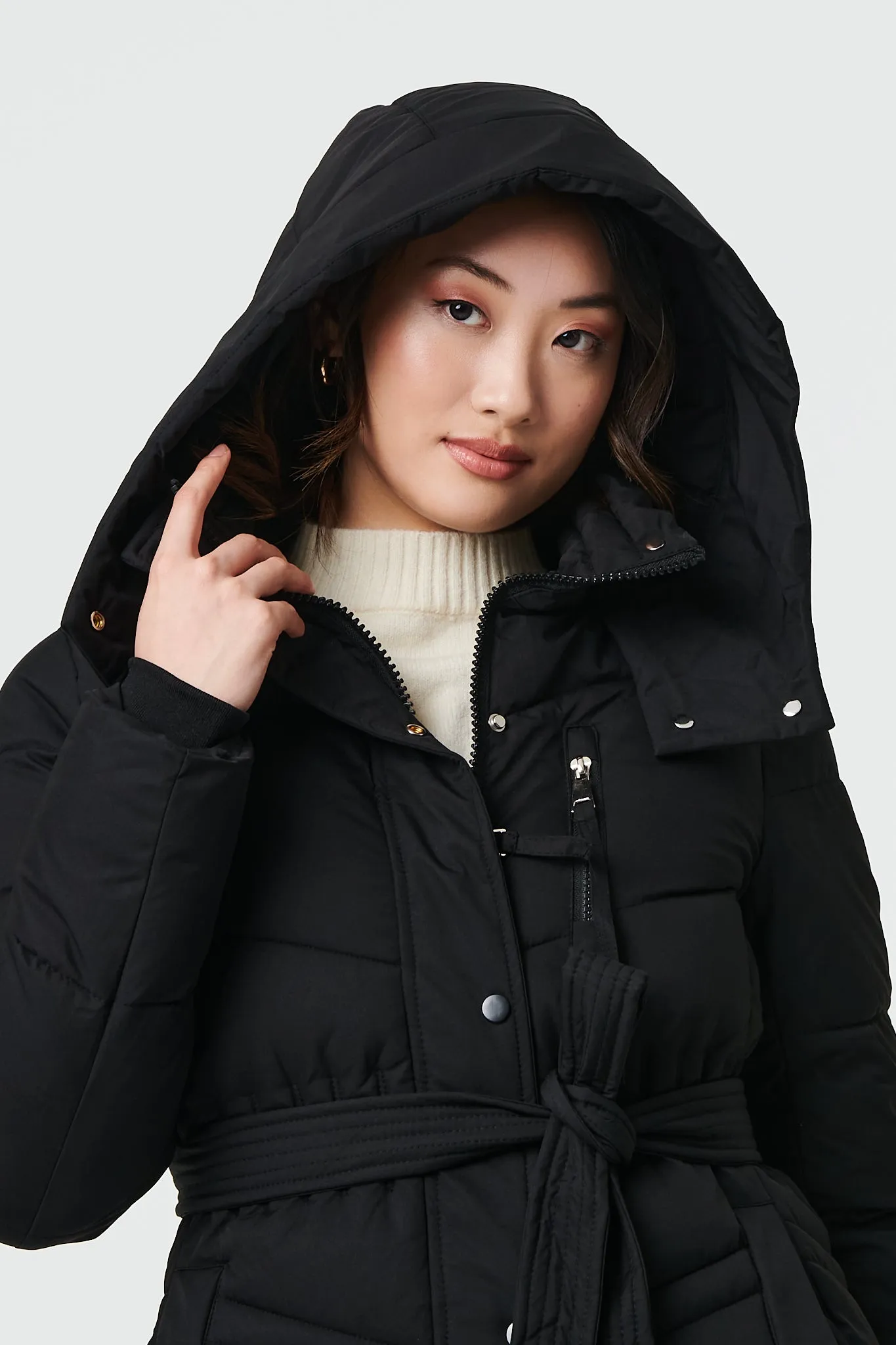 Longline Padded Tie Waist Hooded Coat