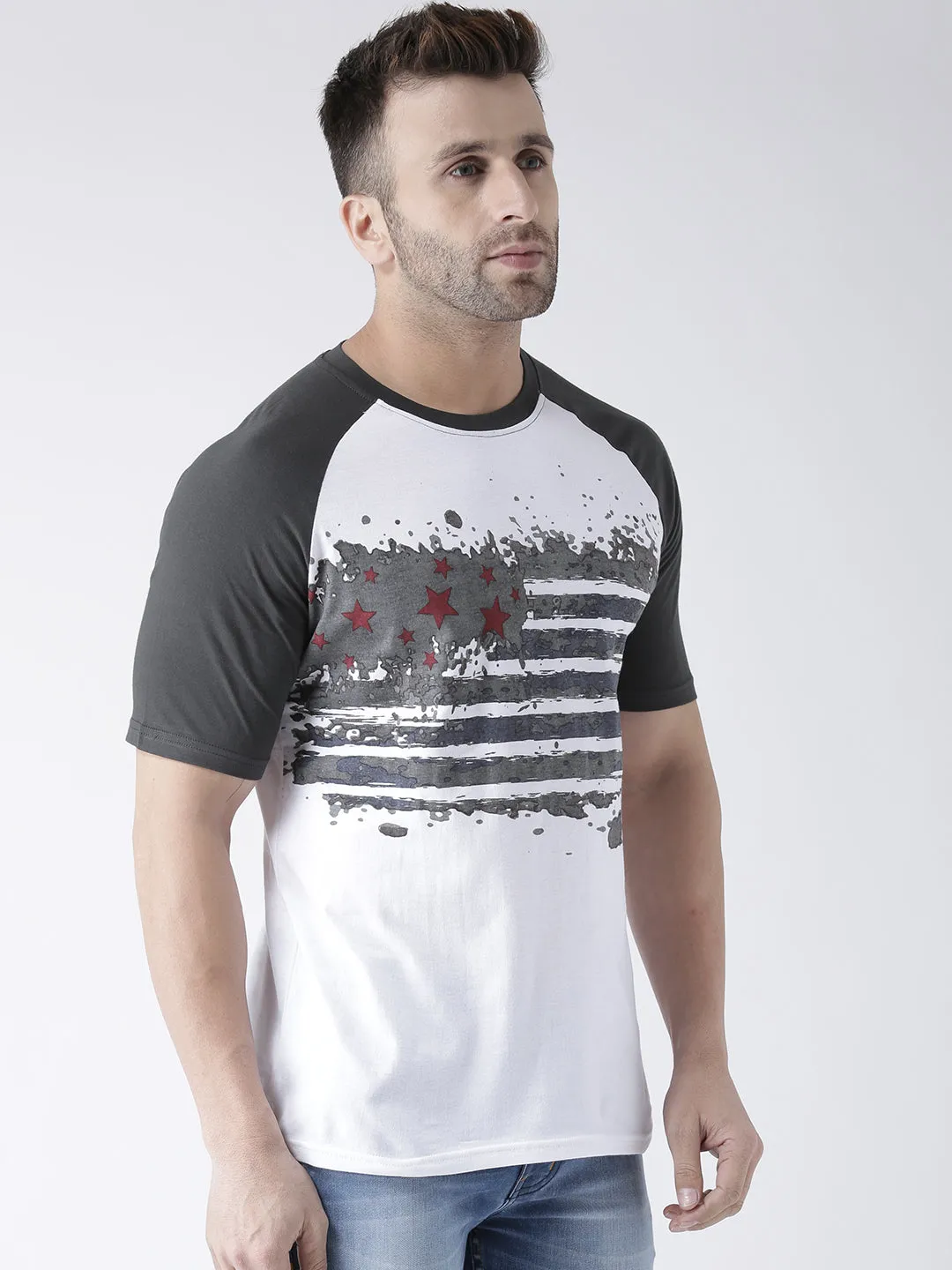 Men White and Charcoal Round Neck Tshirt