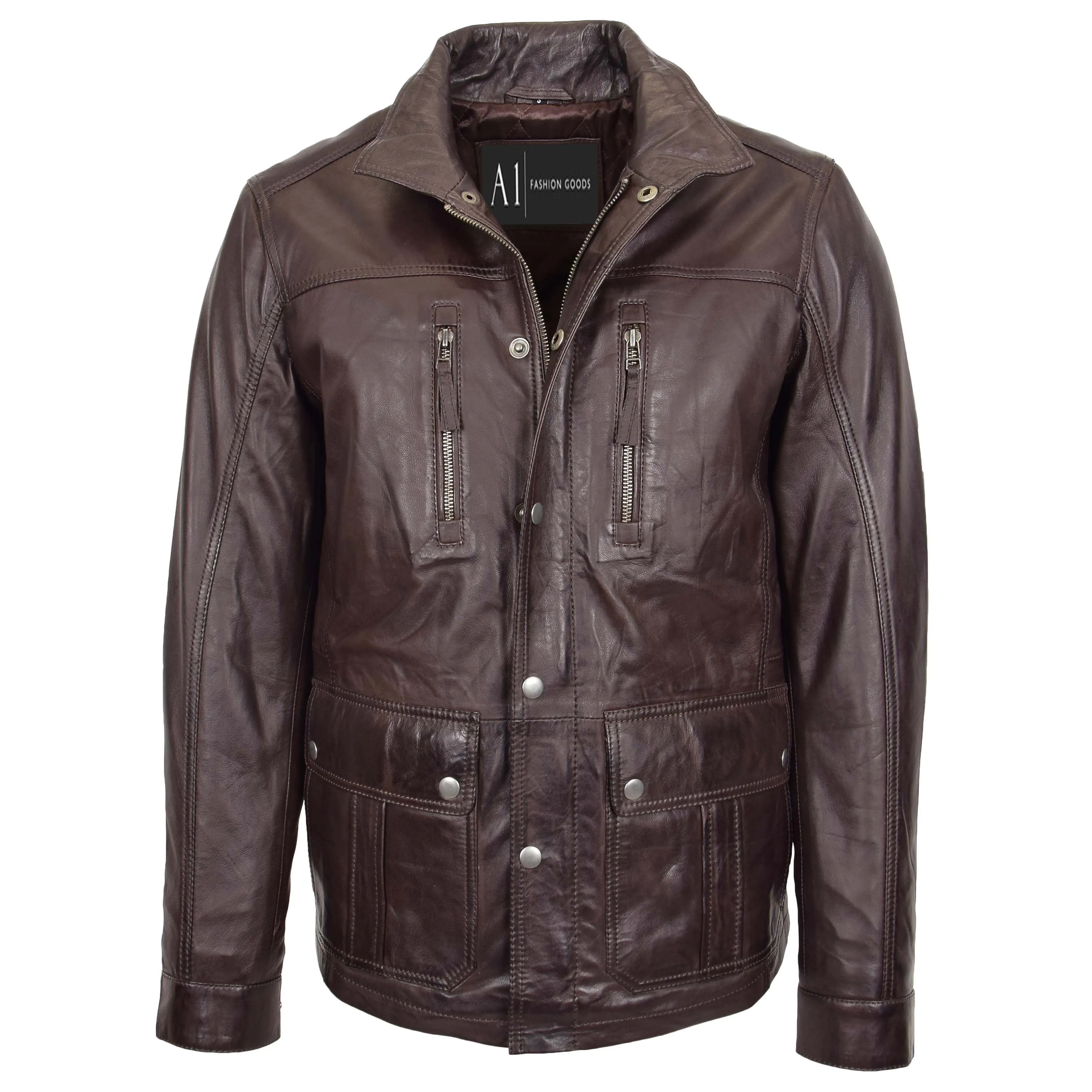 Mens Genuine Leather Parka Jacket 3/4 Long Car Coat RUSSO Brown