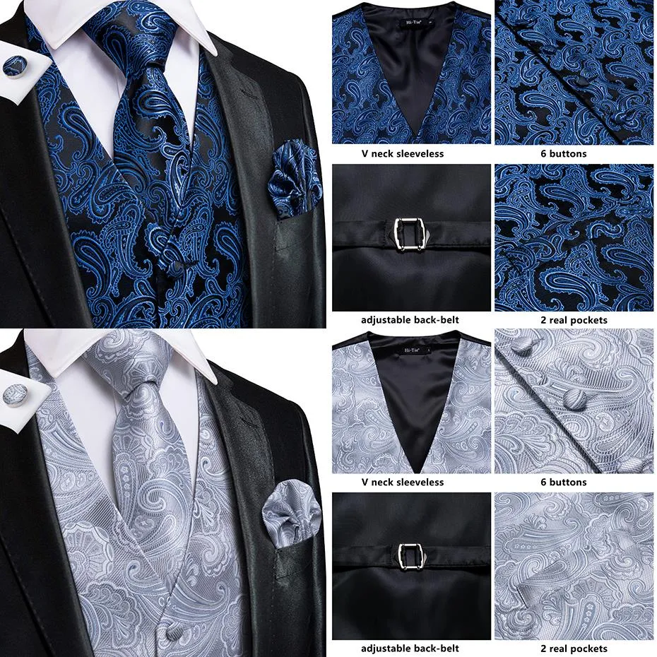 Men's Vests and Tie Business Formal Dresses Slim Vest 4piece Hanky cufflinks for Suit Blue Paisley Waistcoat