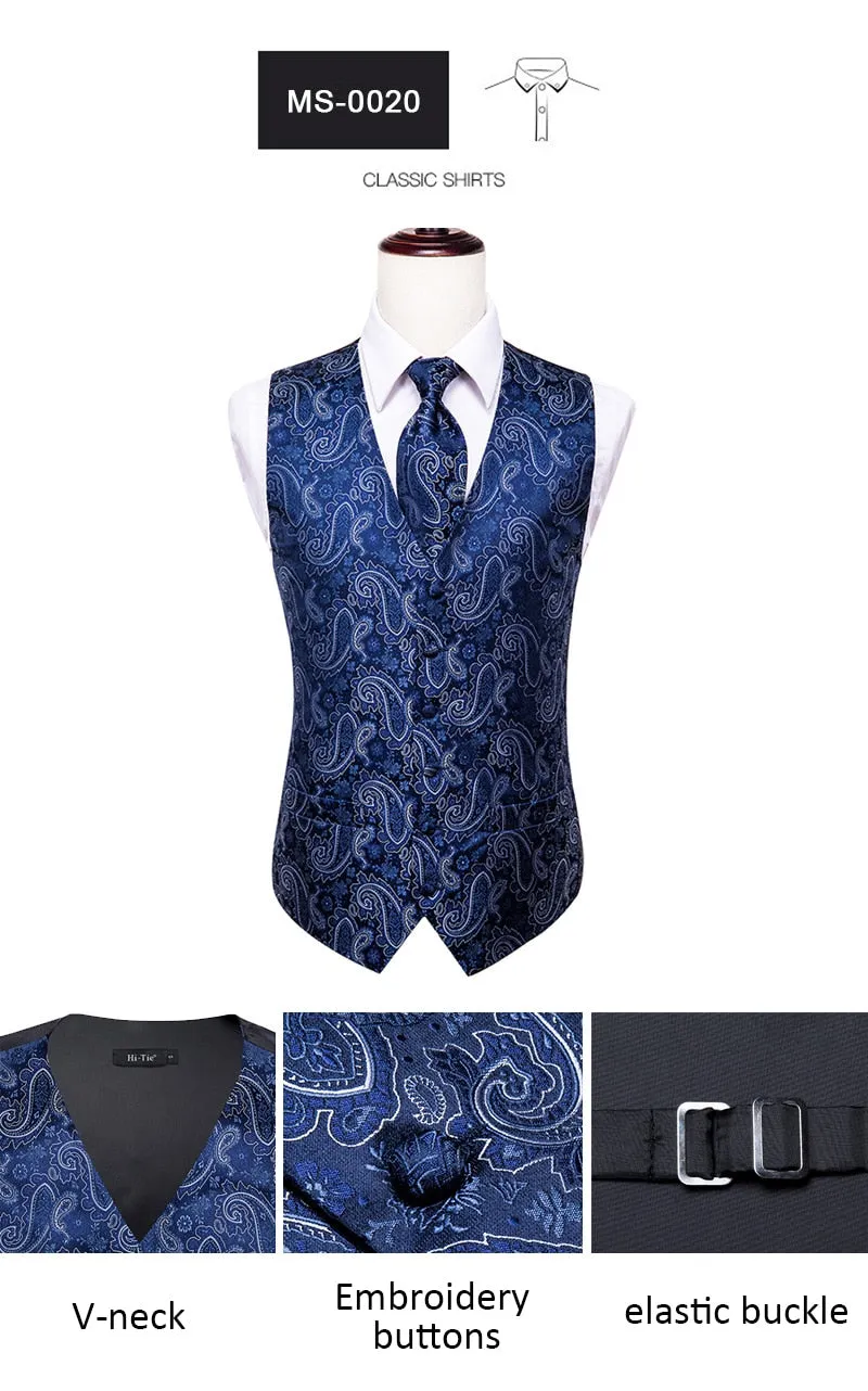 Men's Vests and Tie Business Formal Dresses Slim Vest 4piece Hanky cufflinks for Suit Blue Paisley Waistcoat