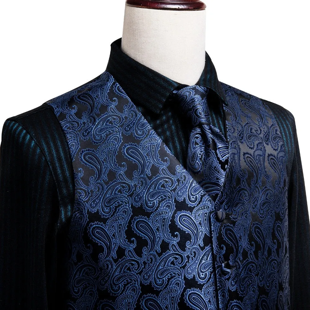 Men's Vests and Tie Business Formal Dresses Slim Vest 4piece Hanky cufflinks for Suit Blue Paisley Waistcoat