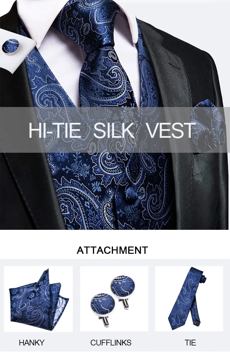 Men's Vests and Tie Business Formal Dresses Slim Vest 4piece Hanky cufflinks for Suit Blue Paisley Waistcoat