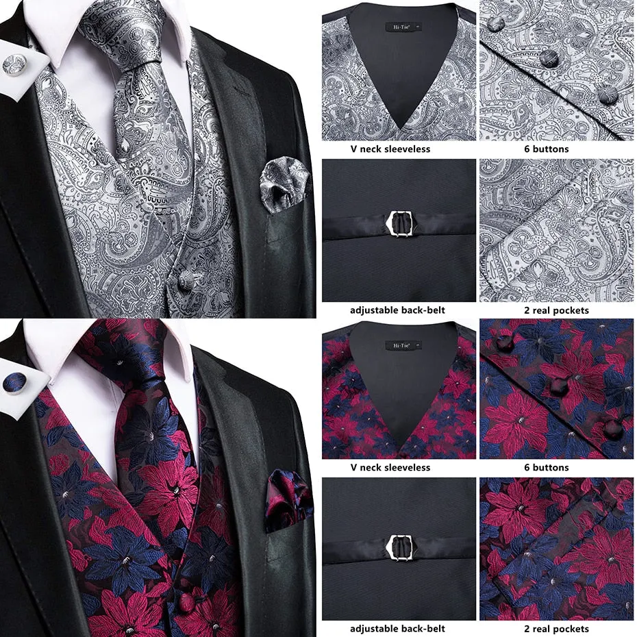 Men's Vests and Tie Business Formal Dresses Slim Vest 4piece Hanky cufflinks for Suit Blue Paisley Waistcoat