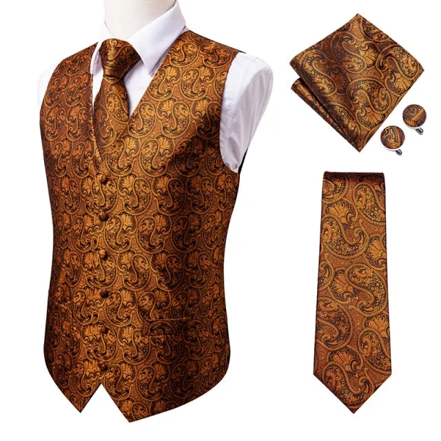 Men's Vests and Tie Business Formal Dresses Slim Vest 4piece Hanky cufflinks for Suit Blue Paisley Waistcoat