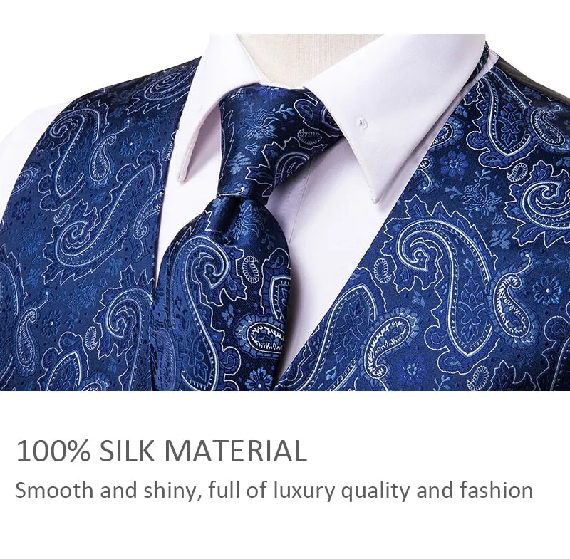 Men's Vests and Tie Business Formal Dresses Slim Vest 4piece Hanky cufflinks for Suit Blue Paisley Waistcoat