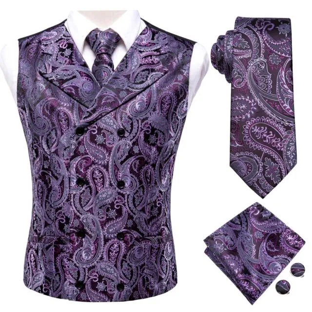 Men's Vests and Tie Business Formal Dresses Slim Vest 4piece Hanky cufflinks for Suit Blue Paisley Waistcoat