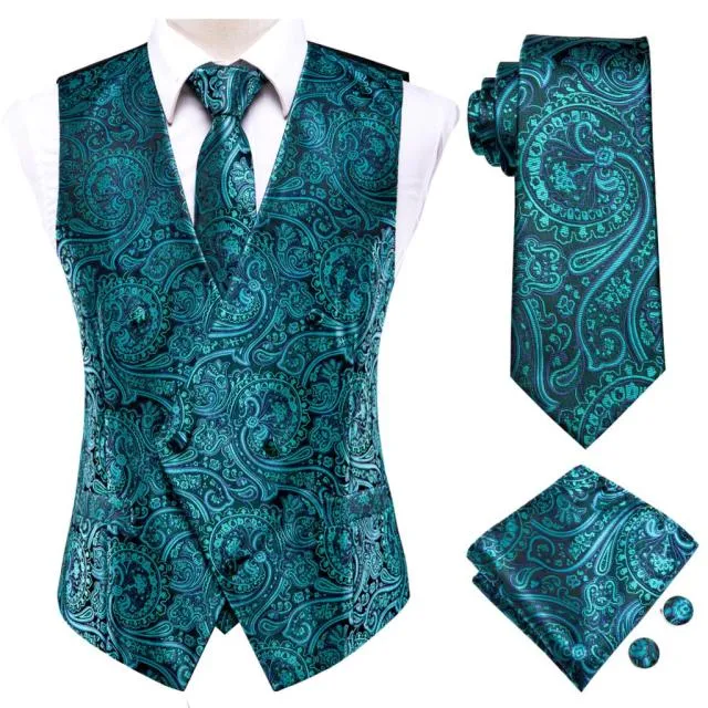 Men's Vests and Tie Business Formal Dresses Slim Vest 4piece Hanky cufflinks for Suit Blue Paisley Waistcoat