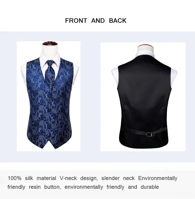 Men's Vests and Tie Business Formal Dresses Slim Vest 4piece Hanky cufflinks for Suit Blue Paisley Waistcoat