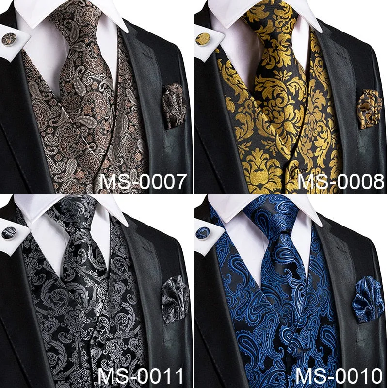 Men's Vests and Tie Business Formal Dresses Slim Vest 4piece Hanky cufflinks for Suit Blue Paisley Waistcoat