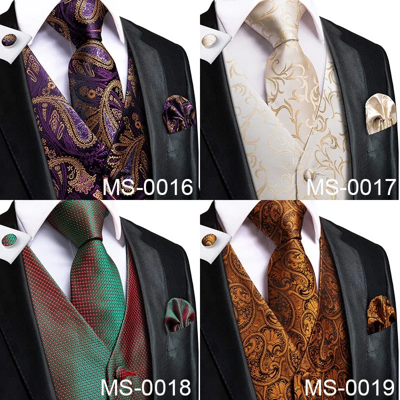 Men's Vests and Tie Business Formal Dresses Slim Vest 4piece Hanky cufflinks for Suit Blue Paisley Waistcoat