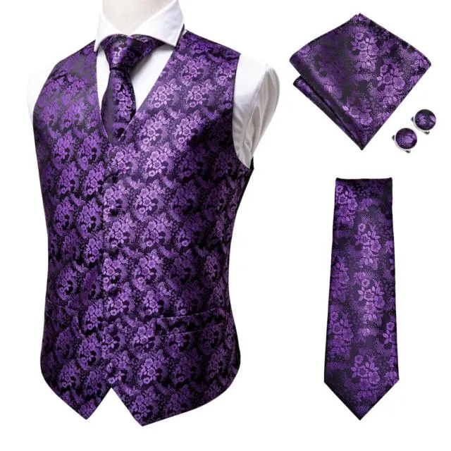 Men's Vests and Tie Business Formal Dresses Slim Vest 4piece Hanky cufflinks for Suit Blue Paisley Waistcoat