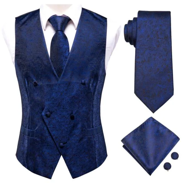 Men's Vests and Tie Business Formal Dresses Slim Vest 4piece Hanky cufflinks for Suit Blue Paisley Waistcoat