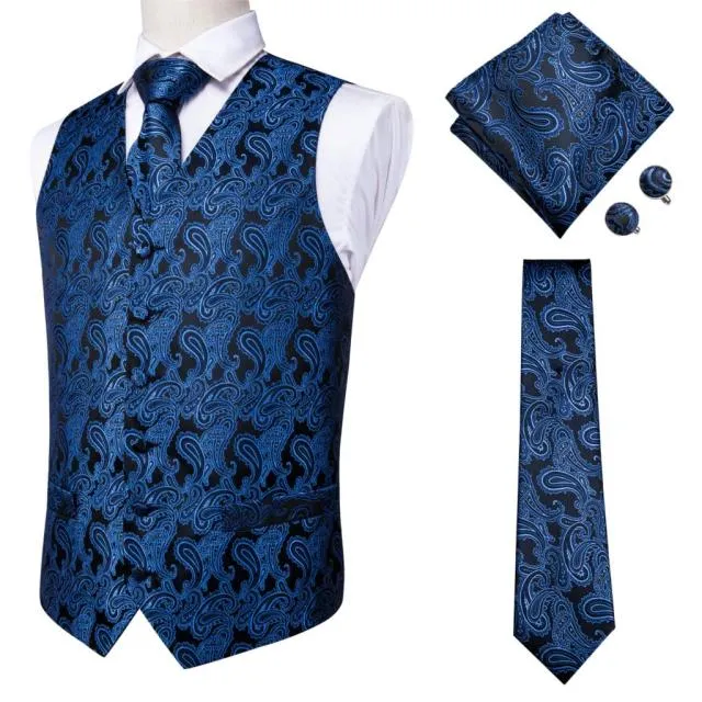 Men's Vests and Tie Business Formal Dresses Slim Vest 4piece Hanky cufflinks for Suit Blue Paisley Waistcoat