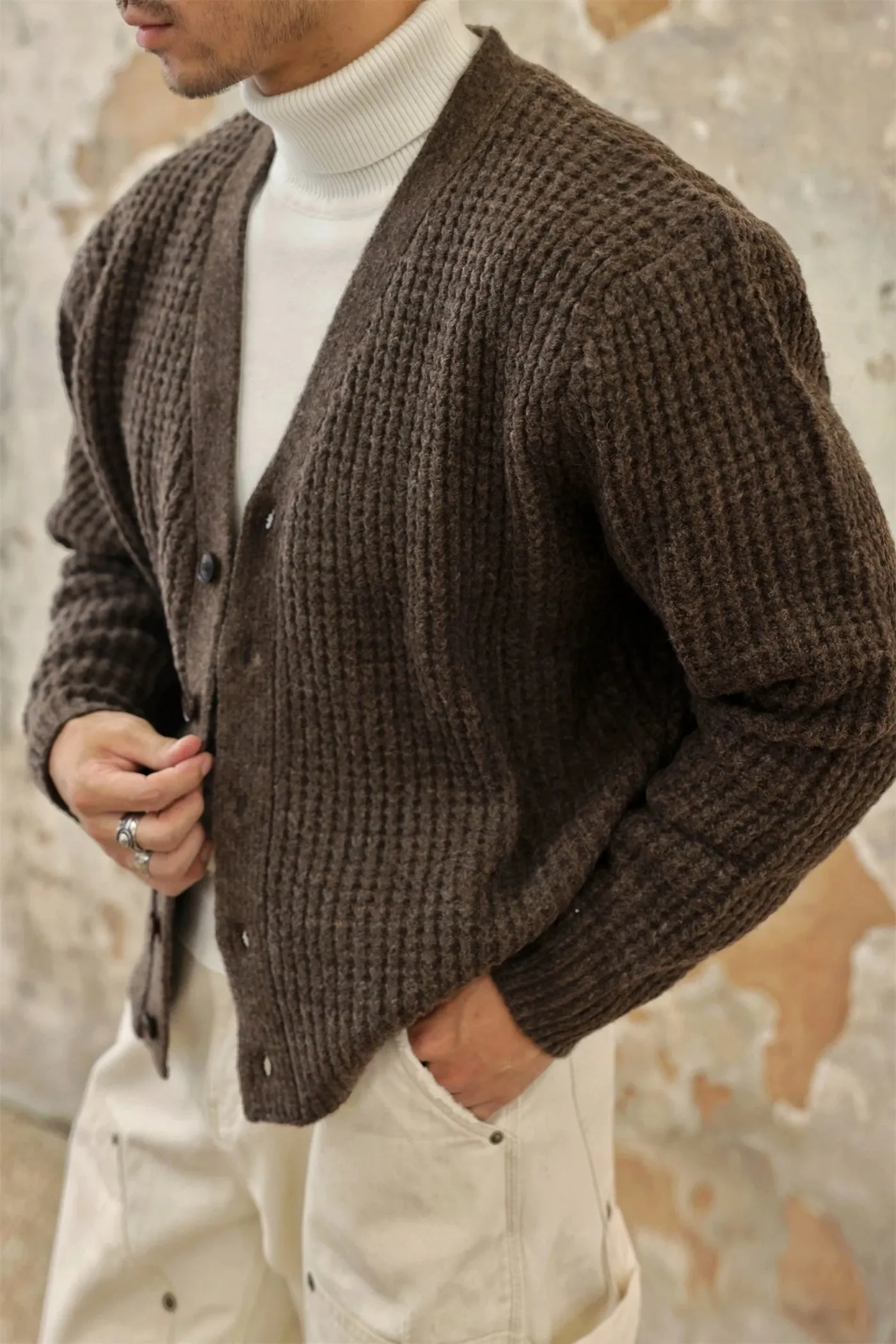 Men's Waffle V-neck Cardigan