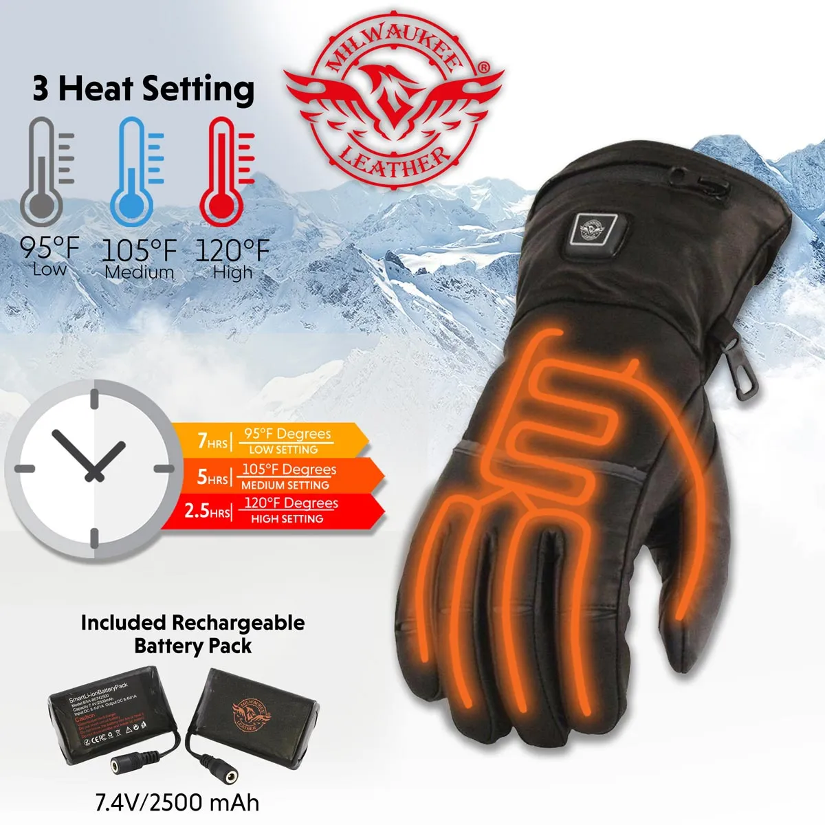 Milwaukee Leather MG7713SET Women's Heated Black Leather Winter Gloves w/ Battery Pack-Wire Harness and i-Touch