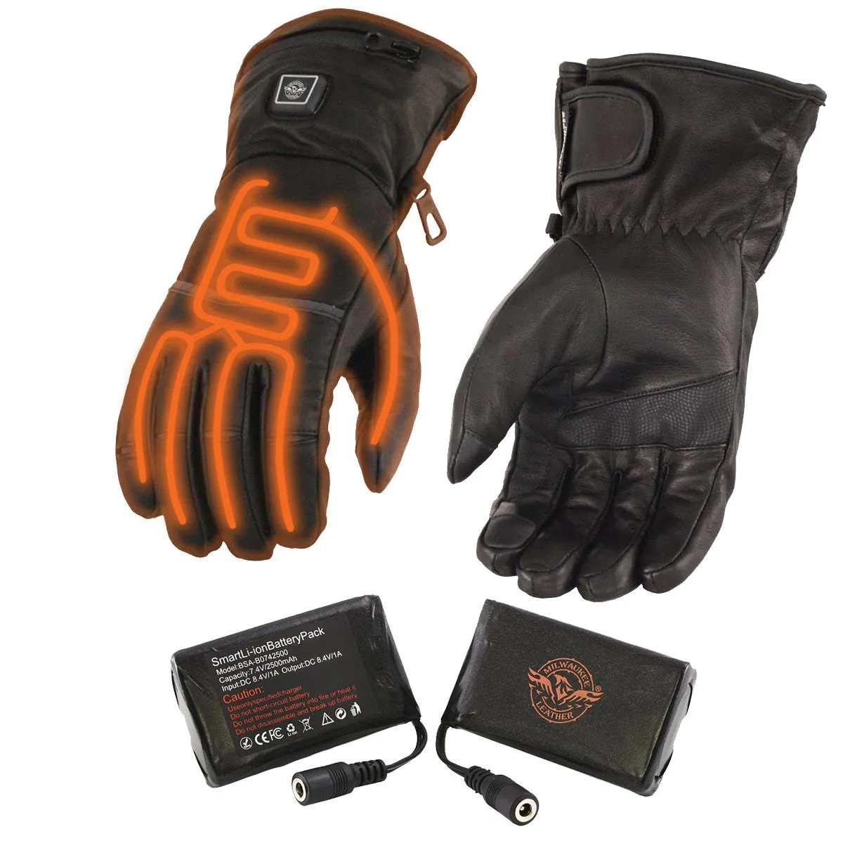 Milwaukee Leather MG7713SET Women's Heated Black Leather Winter Gloves w/ Battery Pack-Wire Harness and i-Touch