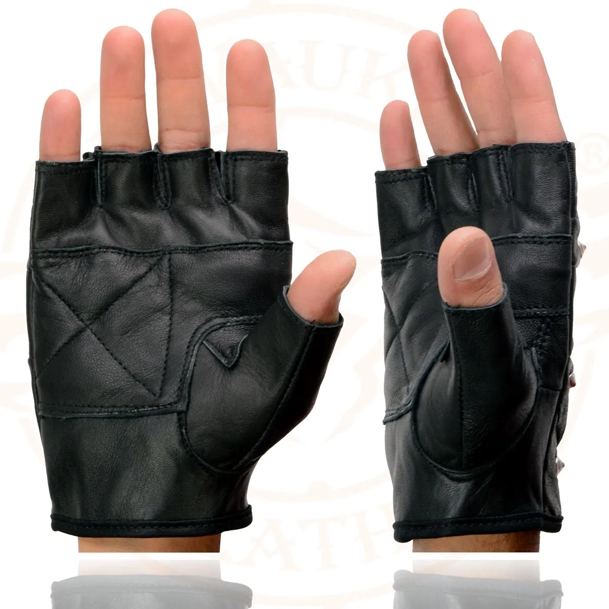 Milwaukee Leather SH211 Men's Black Leather Gel Padded Palm Fingerless Motorcycle Hand Gloves W/ ‘Open Knuckle’ & Detailing