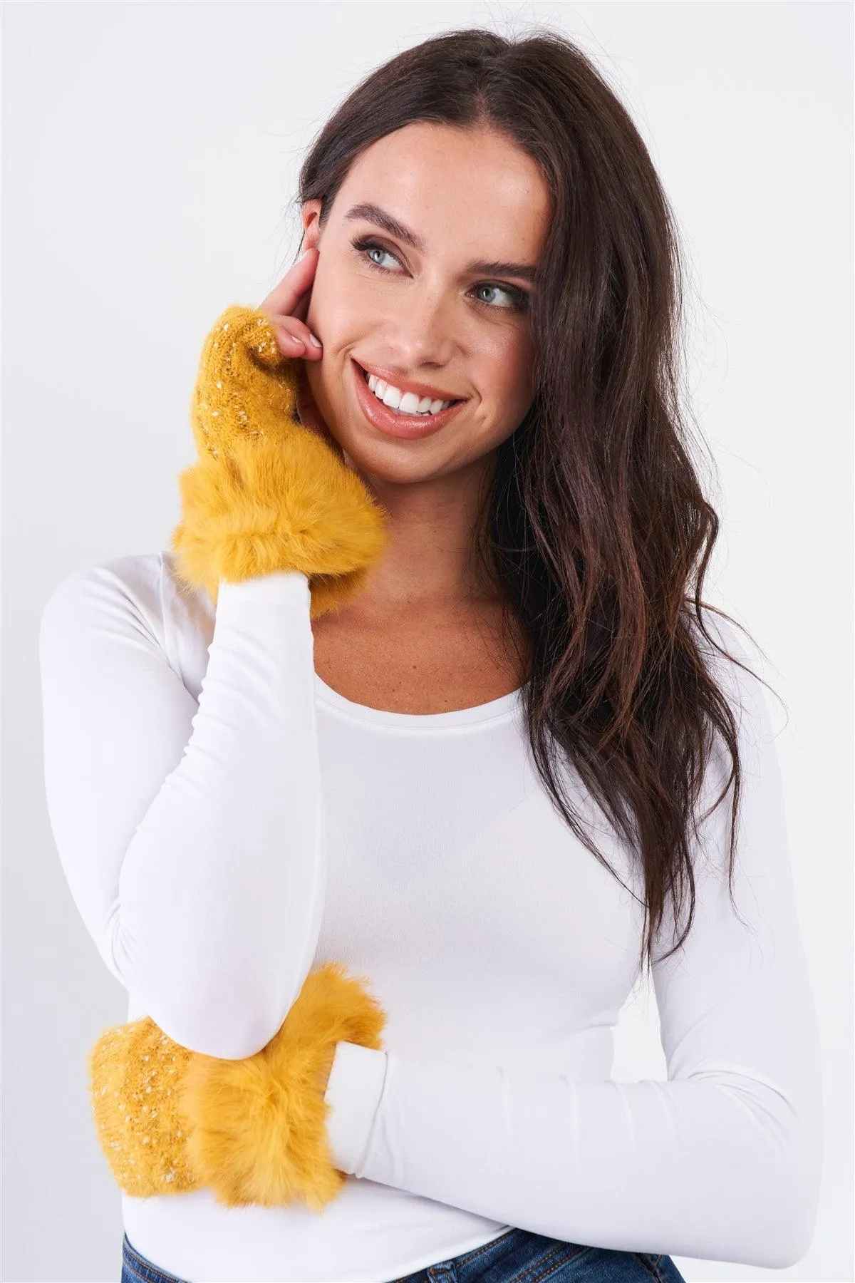 Mustard Woven Furry Fingerless Two-Way Winter Gloves /3 Pieces