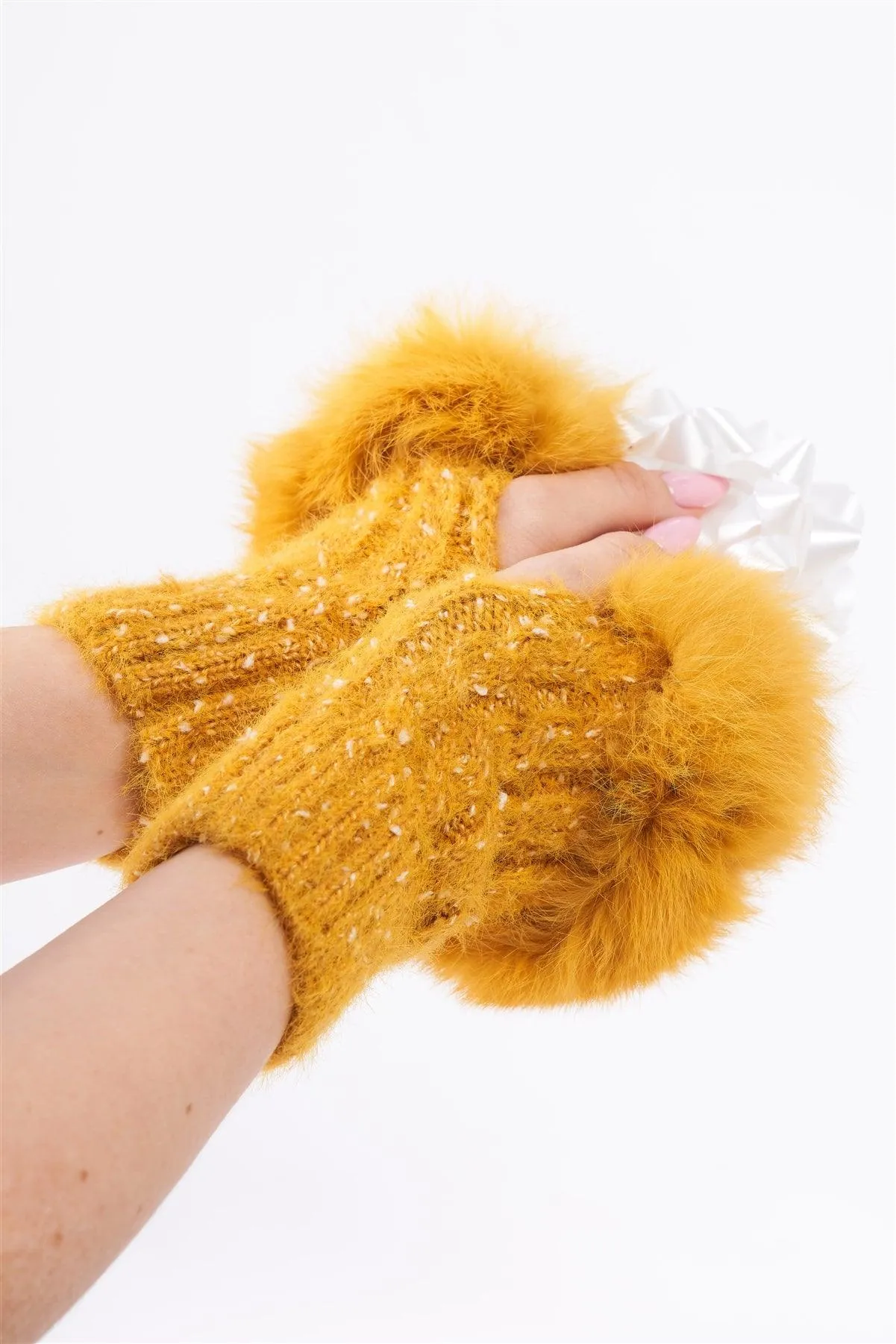 Mustard Woven Furry Fingerless Two-Way Winter Gloves /3 Pieces