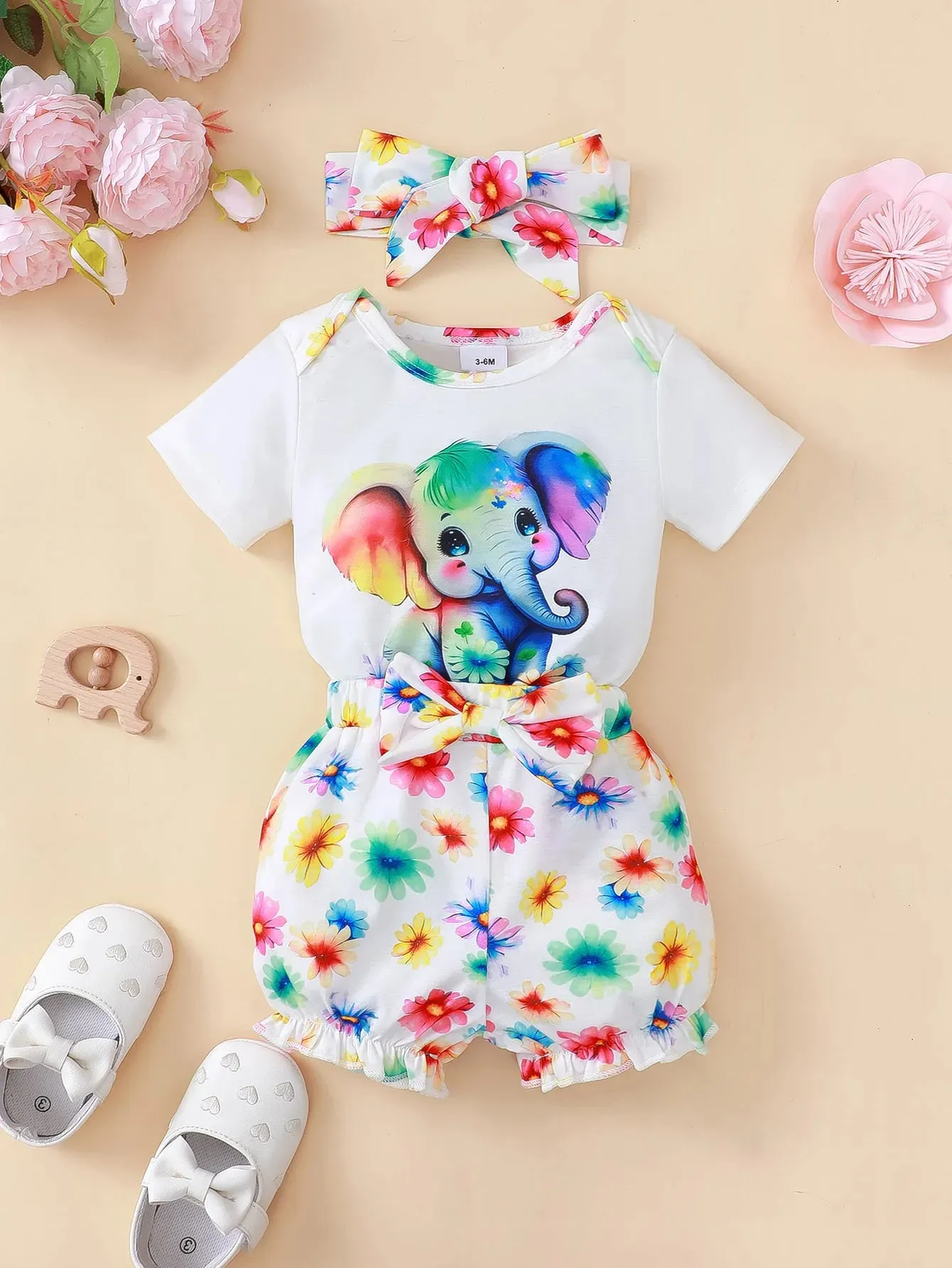 Newborn Baby Girl Clothing Set Short Sleeved Elephant Bodysuit Flower Shorts Summer Casual Outfits for 0-24 Months Toddler 3pcs