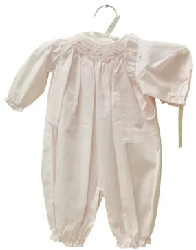 Petit Ami Newborn Smocked Pink Romper/Gown with Bonnet