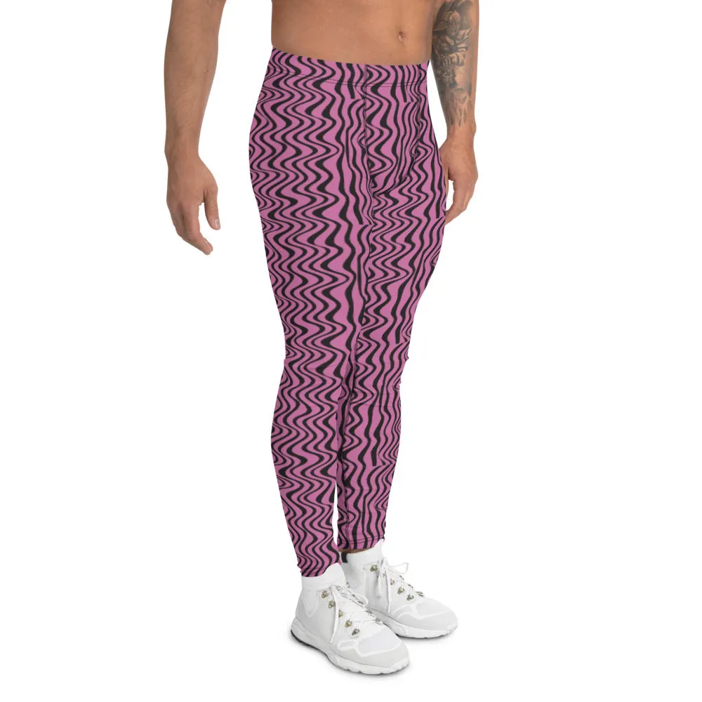 Pink Black Wavy Men's Leggings, Modern Patterned Meggings Runing Tights-Made in USA/EU