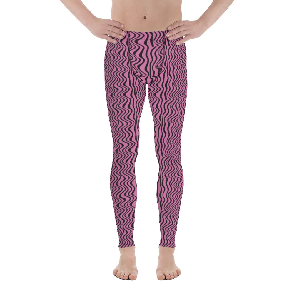 Pink Black Wavy Men's Leggings, Modern Patterned Meggings Runing Tights-Made in USA/EU