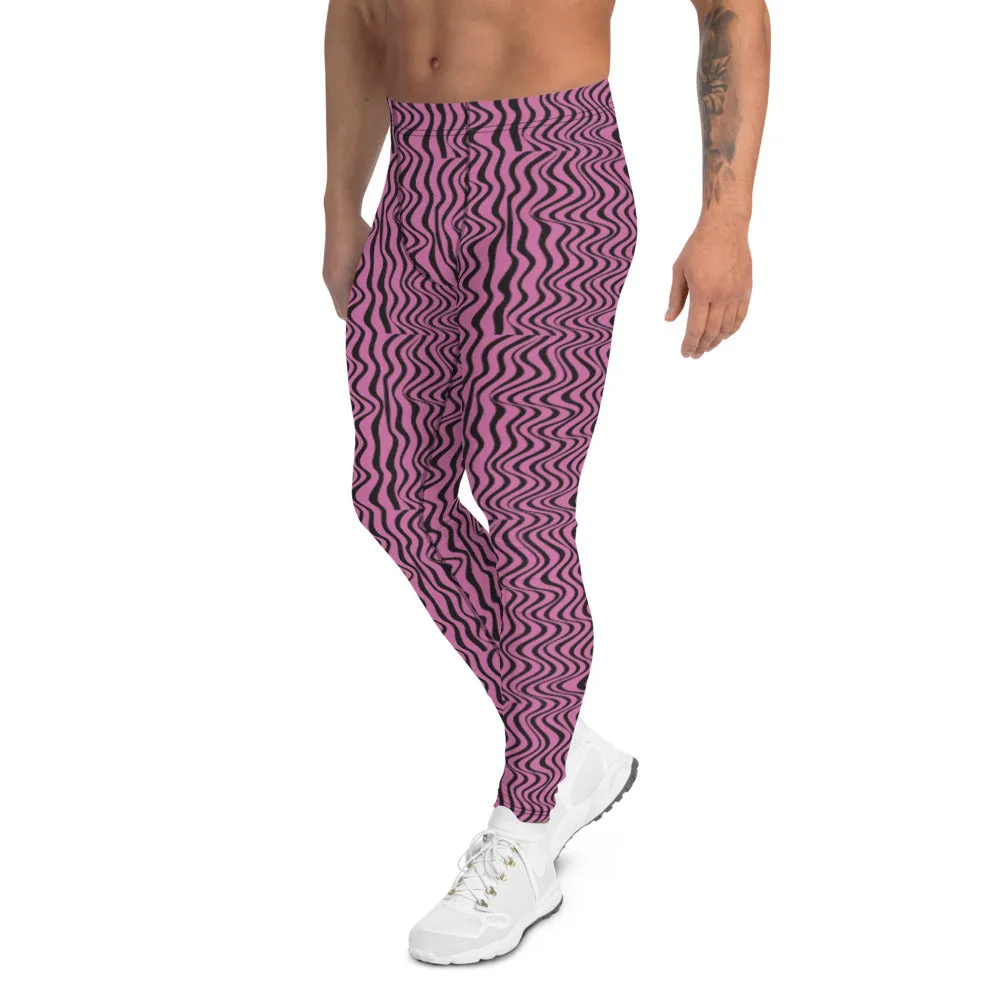 Pink Black Wavy Men's Leggings, Modern Patterned Meggings Runing Tights-Made in USA/EU