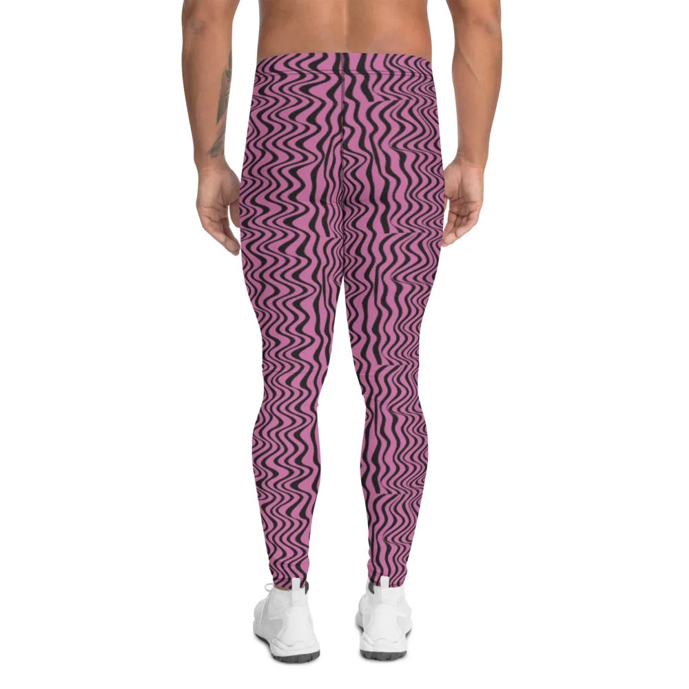 Pink Black Wavy Men's Leggings, Modern Patterned Meggings Runing Tights-Made in USA/EU