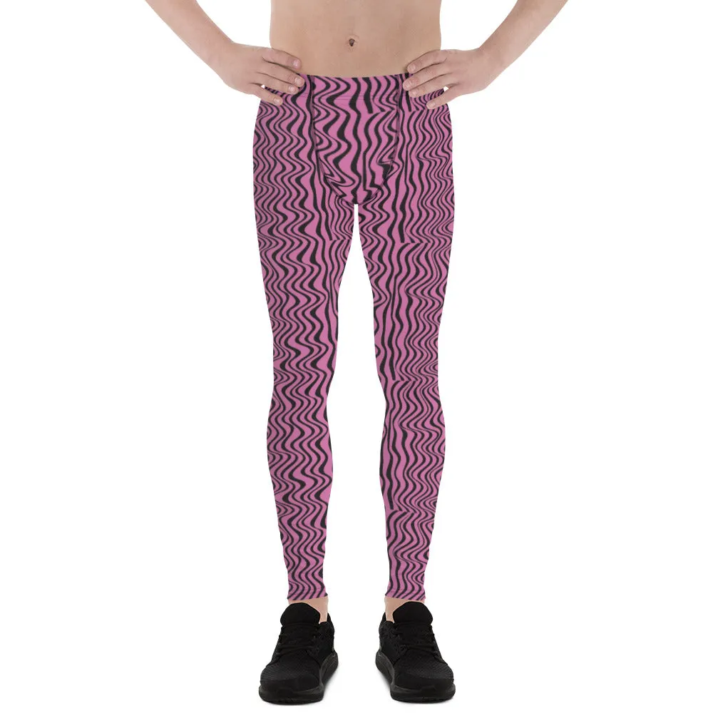 Pink Black Wavy Men's Leggings, Modern Patterned Meggings Runing Tights-Made in USA/EU