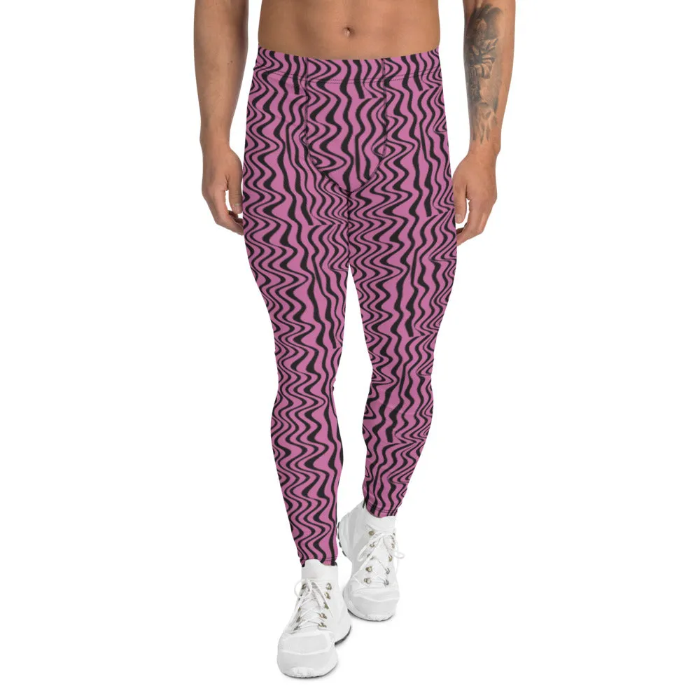 Pink Black Wavy Men's Leggings, Modern Patterned Meggings Runing Tights-Made in USA/EU