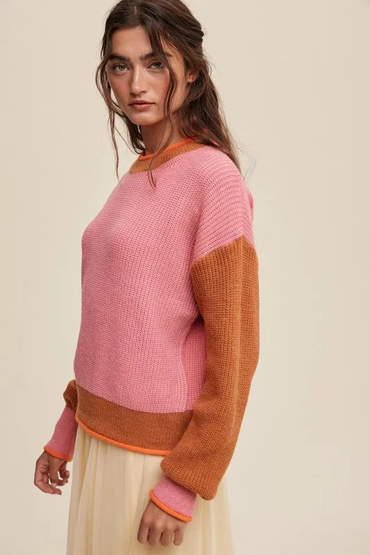 Pink Coloured Block Ribbed Knit Sweater