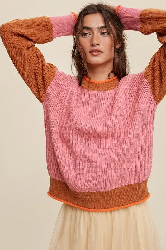 Pink Coloured Block Ribbed Knit Sweater