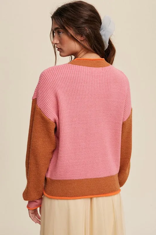 Pink Coloured Block Ribbed Knit Sweater