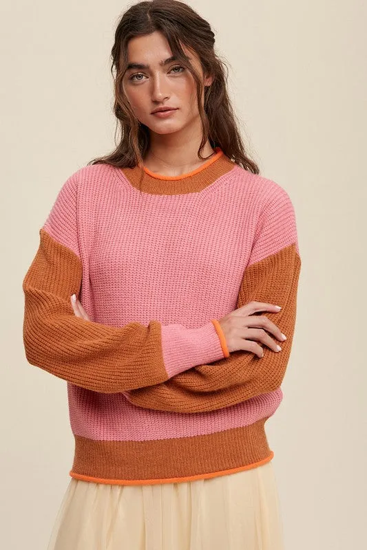 Pink Coloured Block Ribbed Knit Sweater