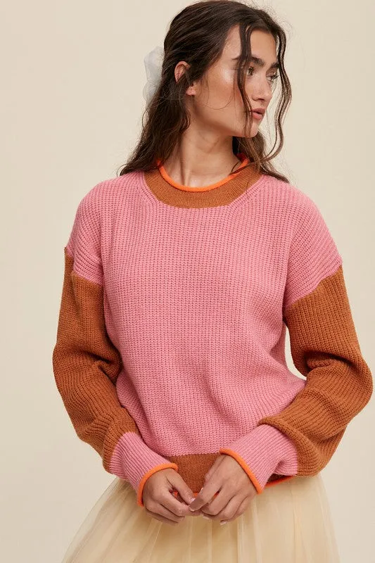 Pink Coloured Block Ribbed Knit Sweater