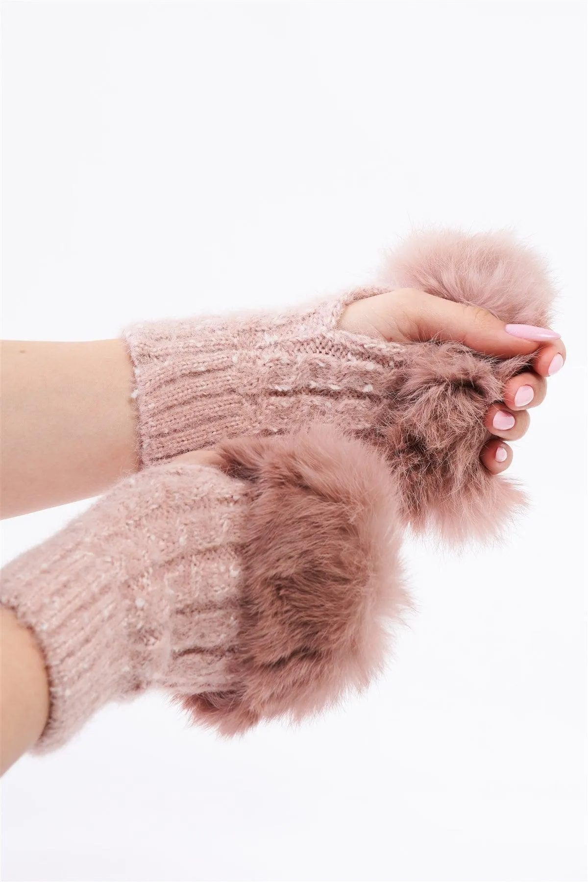 Pink Woven Furry Fingerless Two-Way Winter Gloves /3 Pieces