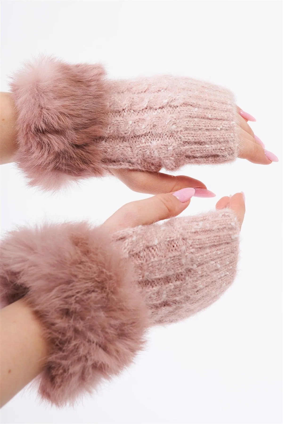 Pink Woven Furry Fingerless Two-Way Winter Gloves /3 Pieces