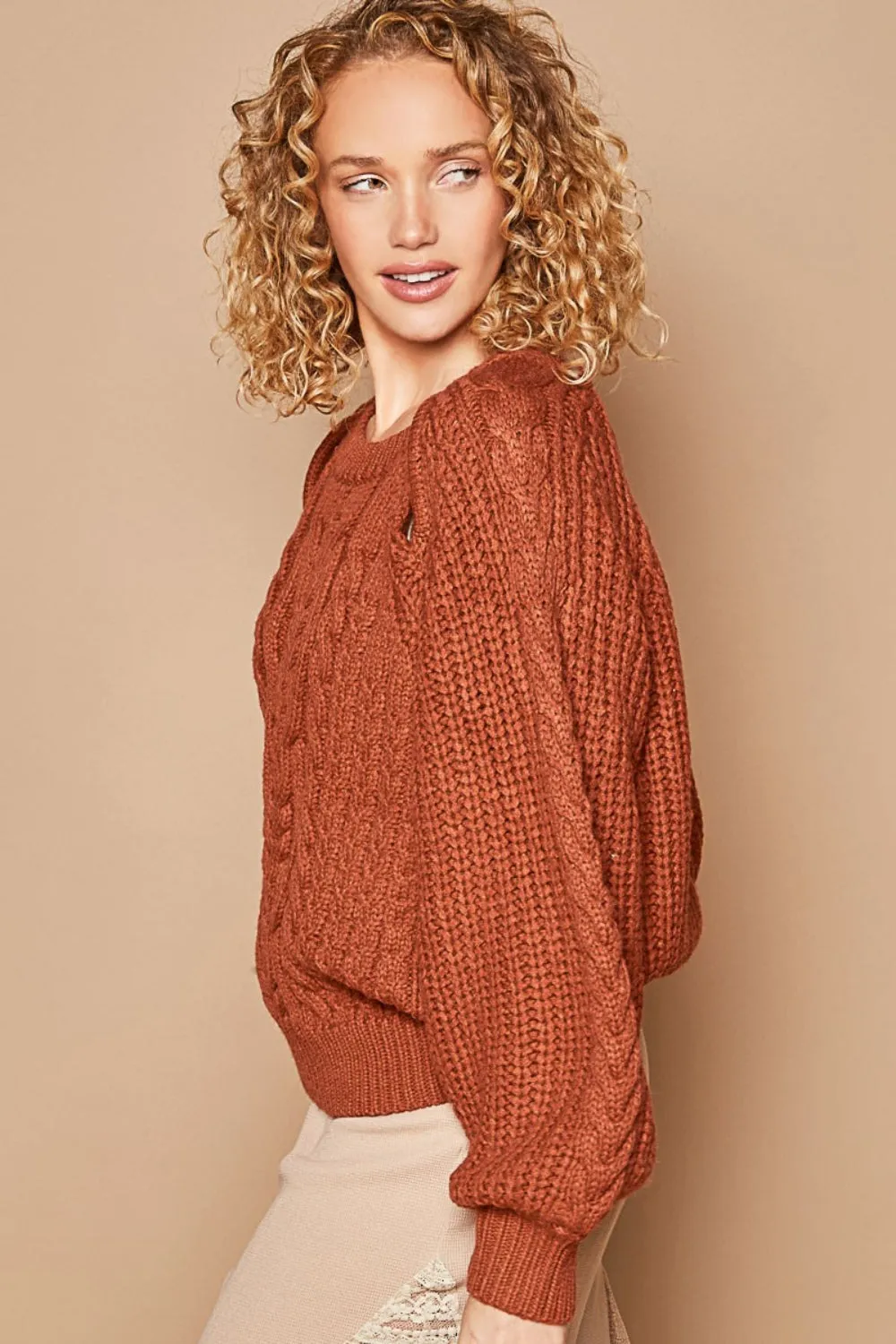 POL Cable Knit Cutout Long Sleeve Sweater