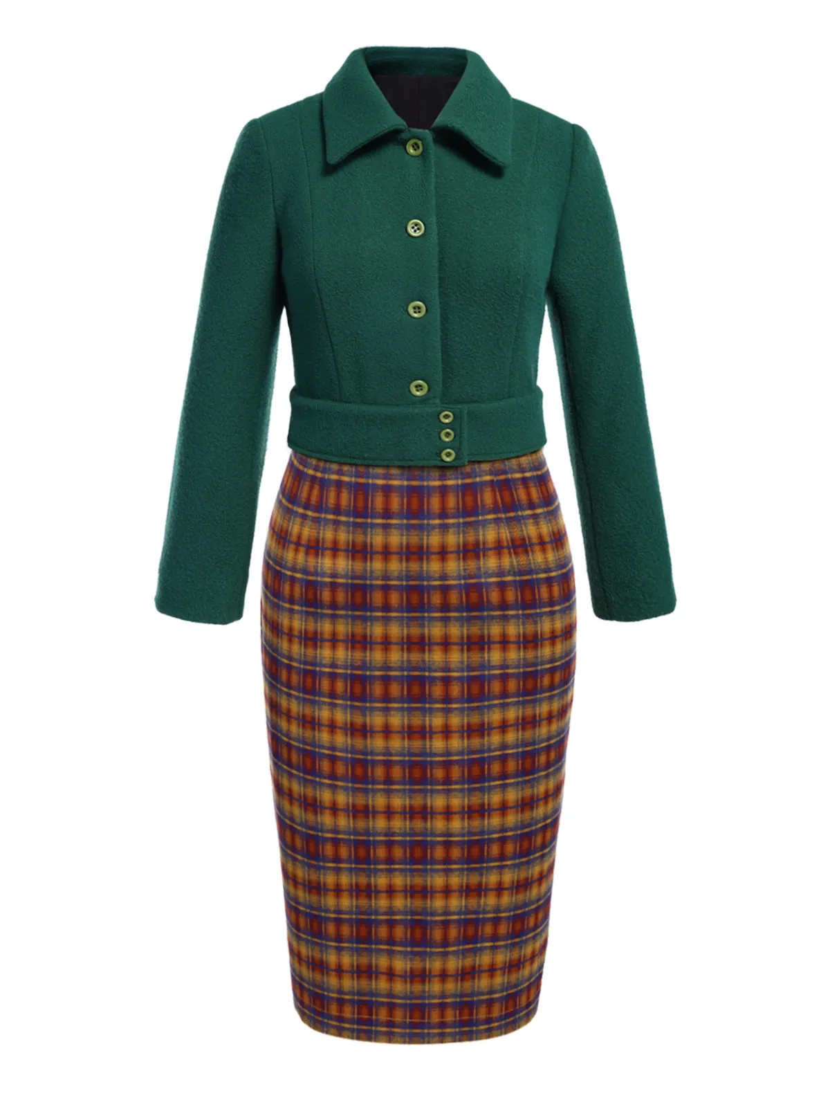 [Pre-Sale] 2PCS 1970s Cropped Coat & Kitted Plaids Dress