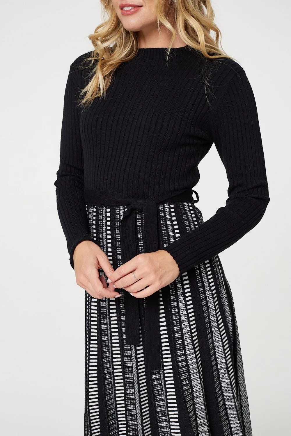 Printed Tie Waist Pleated Midi Jumper Dress