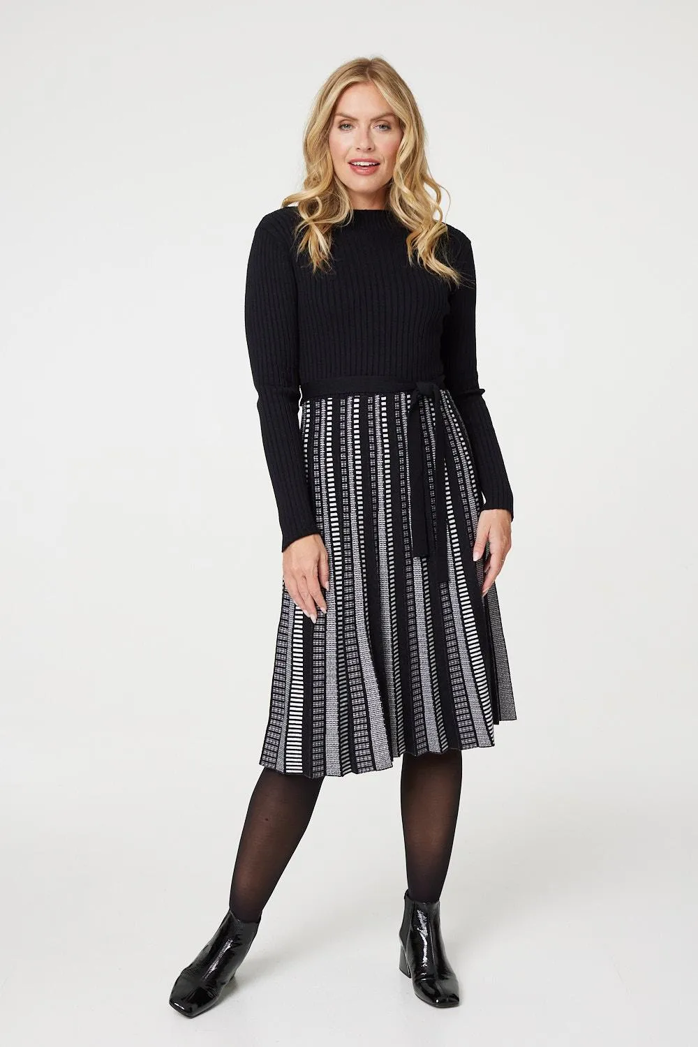 Printed Tie Waist Pleated Midi Jumper Dress