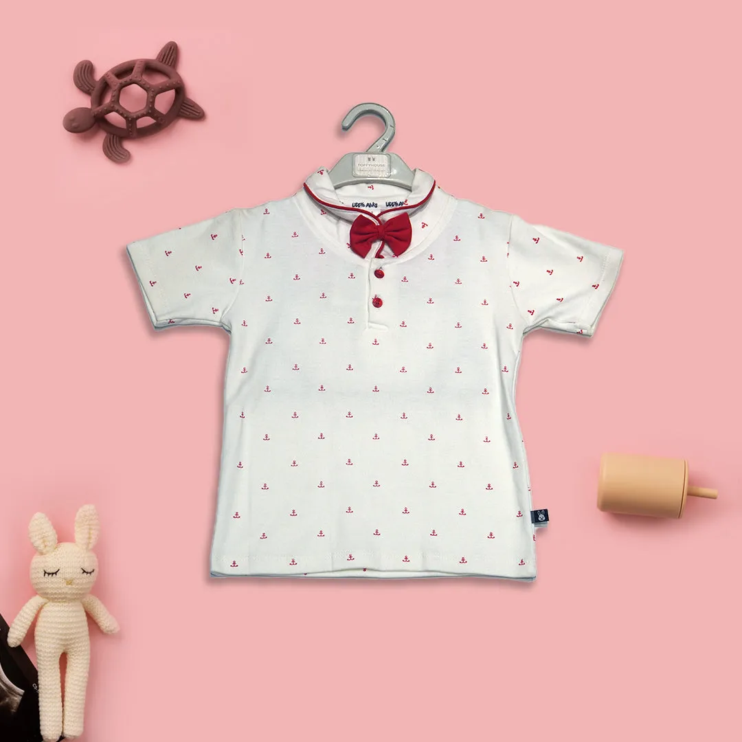 Printed White Shirt with Red Dungaree & Bow Set